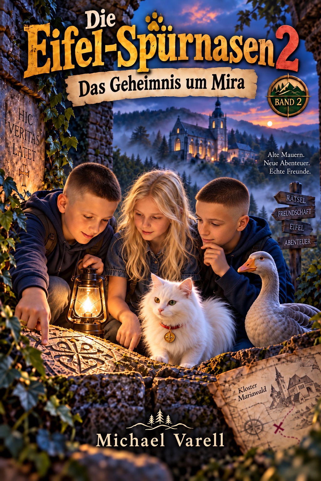 Cover von Die Eifel-Spürnasen 2 – Das Geheimnis um Mira: Die drei Freunde, Katze Mira und Gans Gabi vor einem geheimnisvollen Schloss
