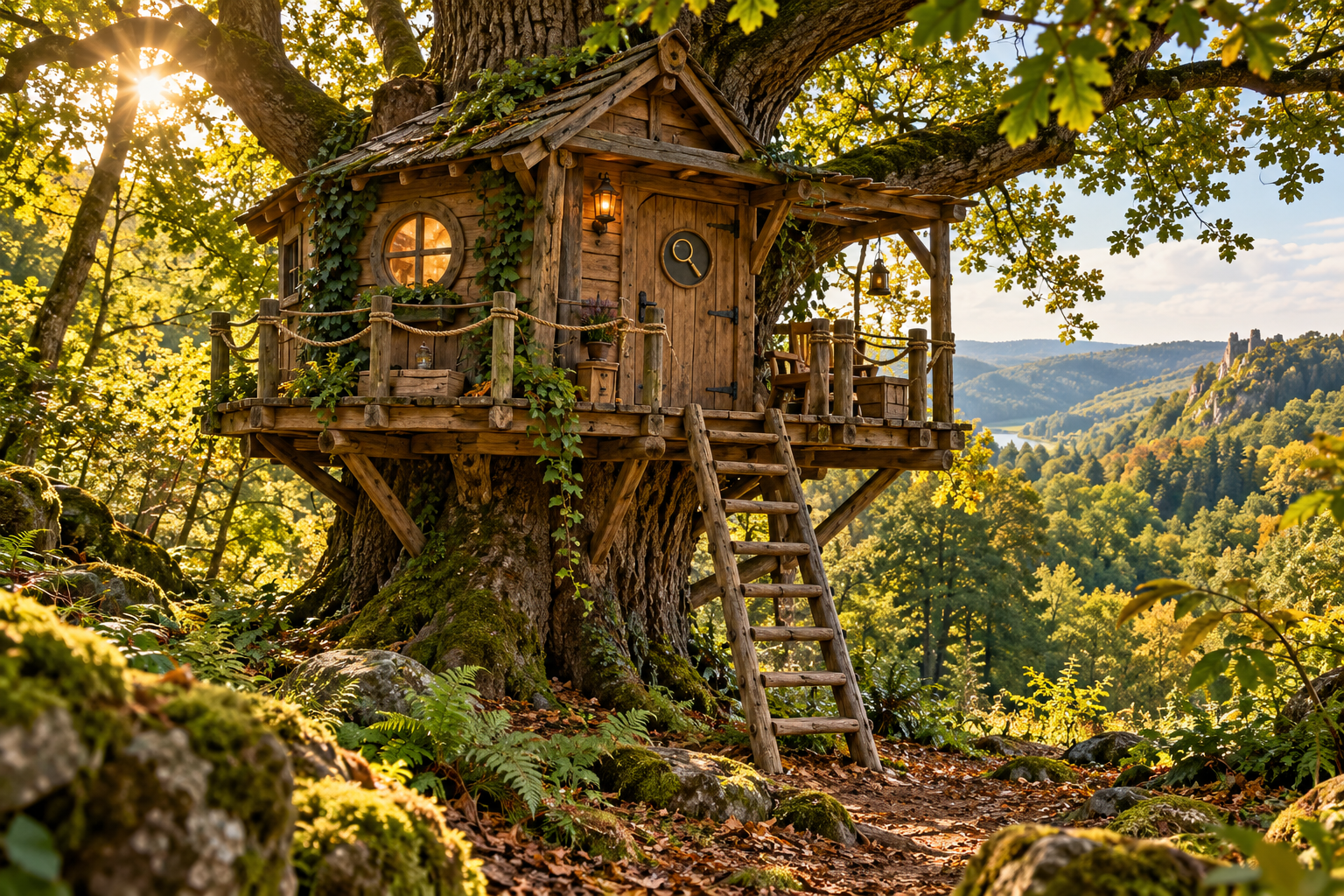 Ein hölzernes Baumhaus mit kleiner Veranda und Leiter in einer sonnigen Eiche im Eifelwald