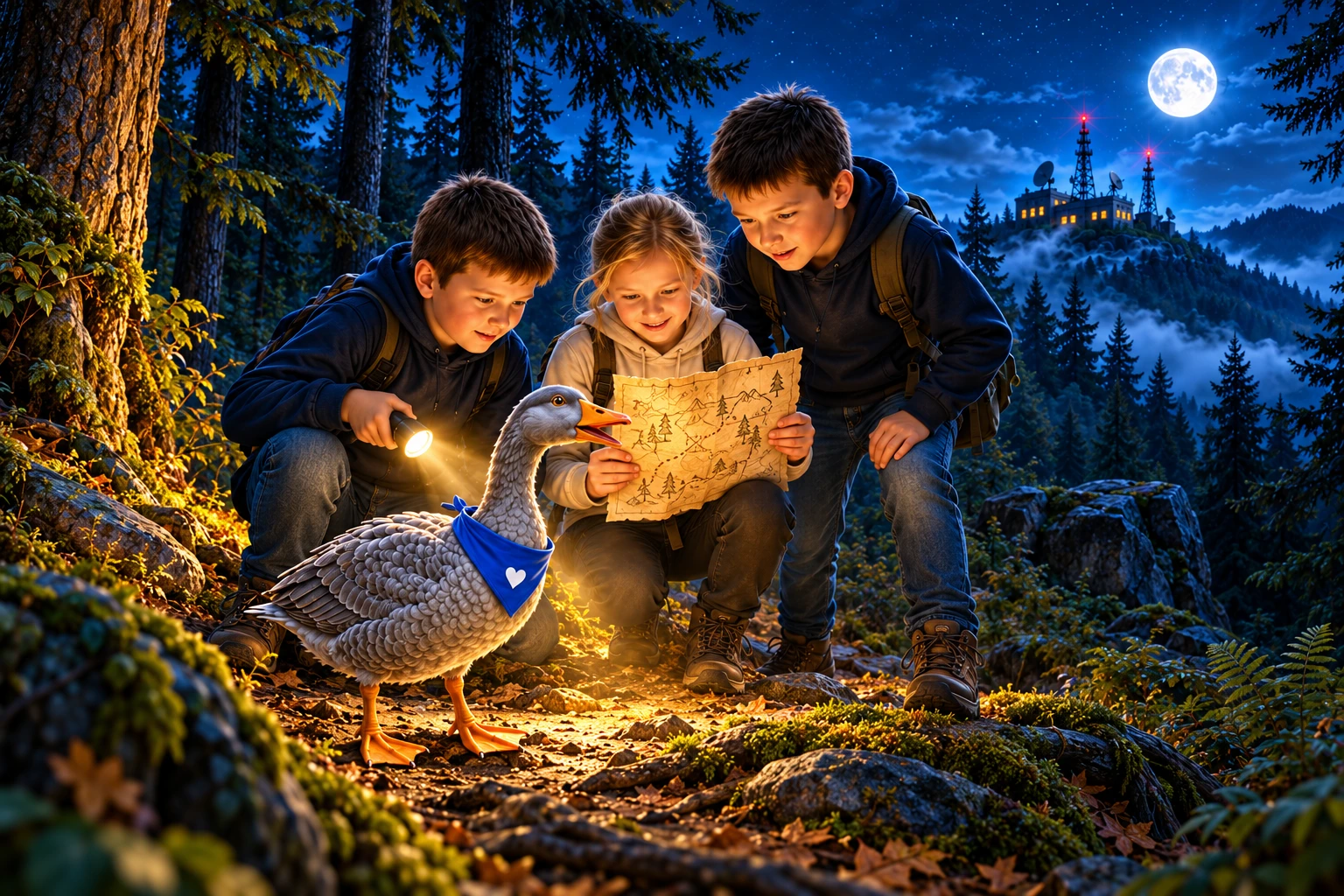 Die drei Eifel-Spürnasen mit Gans Gabi auf Spurensuche: Taschenlampenlicht erhellt ihre Karte im nächtlichen Wald.
